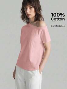 Camiseta de mujer de manga corta y hombro asimétrico, primavera/verano 2026.Camiseta casual urbana elegante con cuello asimétrico, adecuada para oficina, maestros, invitados de boda, vacaciones, casual de negocios, versátil - Rosa - Ver 3