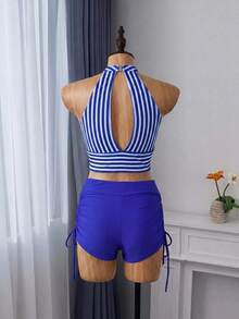 Bañador bikini de rayas con abertura con cordón lateral - Azul y blanco - Ver 3