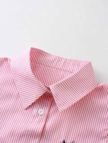 Camisa de mujer tipo cárdigan de ajuste ceñido, sin mangas, con cuello, rayas y bordado en contraste, nueva llegada de verano - Rayas rosas - Ver 4