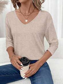 Camiseta de manga larga con cuello en V regular y estilo minimalista casual, adecuada para otoño/invierno - Albaricoque - Ver 7