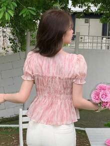Blusa de verano con volantes y estampado todo sobre, ropa de otoño - Rosa - Ver 5