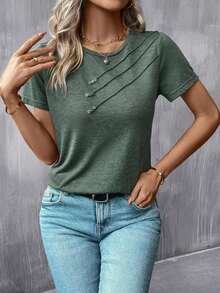 Camiseta casual de mujer con cuello redondo y detalle de botones - Verde - Ver 6