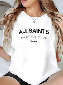 Logotipo llamativo de ALLSAINTS combinado con texto japonés que simboliza la cultura underground de Tokio y una conexión con Londres. Camiseta roja casual 100% algodón para mujer. Camiseta de color sólido simple, transpirable y cómoda, ideal para uso diario. - Blanco - Ver 6