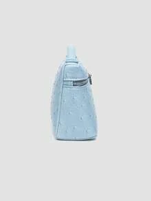 1 pieza Bolso de hombro cuadrado de unicolor con textura de grano de litchi en PU, pequeño bolso de mano para mujer, adecuado para combinar con diaria, salidas, compras, fiestas, bol - Celeste 2 - Ver 4