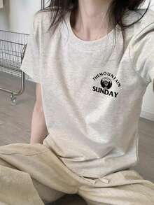 Women's Vintage Fashion Short Sleeve T-Shirt, Summer Cartoon Print Short Sleeve T-Shirt, Sheer Short Sleeve T-Shirt, Unique Niche Design, Loose Fit Top, Base Layer #3333 - 斑駁灰 - 查看 2