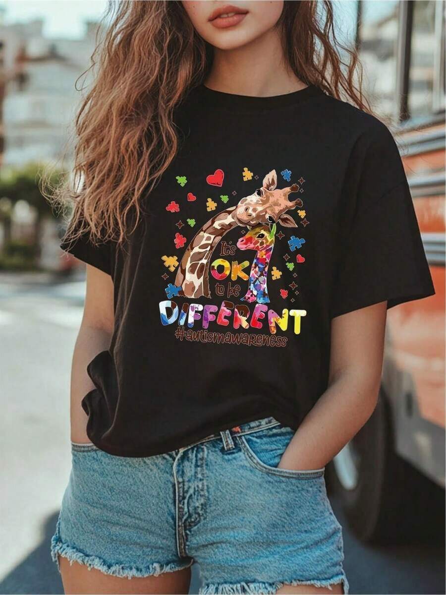 Unique T-Shirt With A Colorful Giraffe Design And The Positive Message "OK I'm Different". Style Y2K, Ideal For Highlighting Your Personality On Any Occasion. Perfect For Lovers Of Fashion And Originality. Available In All Sizes. Combines Comfort And Style In One Product. J78K - 黑色 - 查看 1