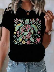 Unique T-Shirt With A Turtle And Colorful Flower Design In A Y2K Style, Ideal For Showing Your Love For Nature And Standing Out On Any Occasion. Dare To Be Different With This Garment That Reflects Contemporary Art And Style. UDVI - 黑色 - 查看 7