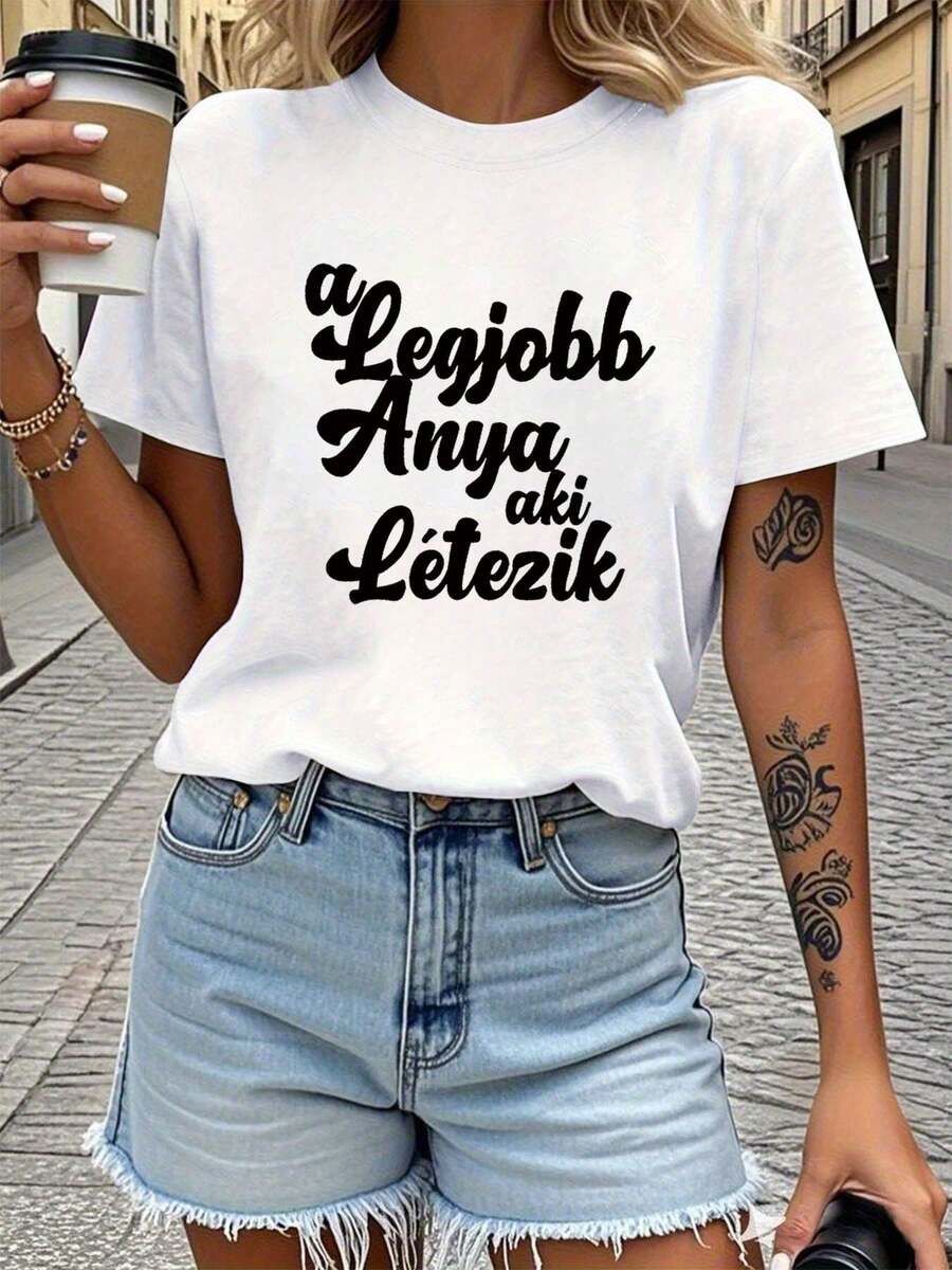 LigeroHungarian World's Best Mom Women's Letter Print T-Shirt | Casual Short Sleeve Crew Neck T-Shirt For Spring/Summer, Medium Stretch Fabric - 白色 - 查看 1