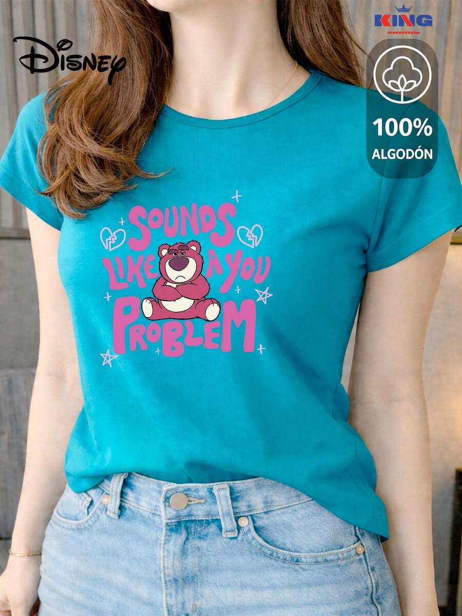 Women's T-Shirt Made Of 100% High-Quality Cotton. This T-Shirt Guarantees Exceptional Softness To The Touch, A Round Neck With A "Disney Sounds Like A You Problem" Print, And Short Sleeves. - 綠松石 - 查看 1