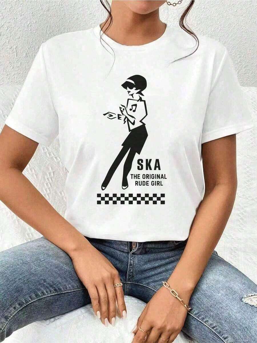 100% Cotton. Women's Casual T-Shirt With A Ska Graphic Print. Made From 100% Cotton, This Urban Hip-Hop Style T-Shirt Is Comfortable, Durable, And Features An Eye-Catching Print. It's A Simple, Solid-Color T-Shirt With A Relaxed, Fitted Cut And Short Sleeves. - 白色的 - 查看 1