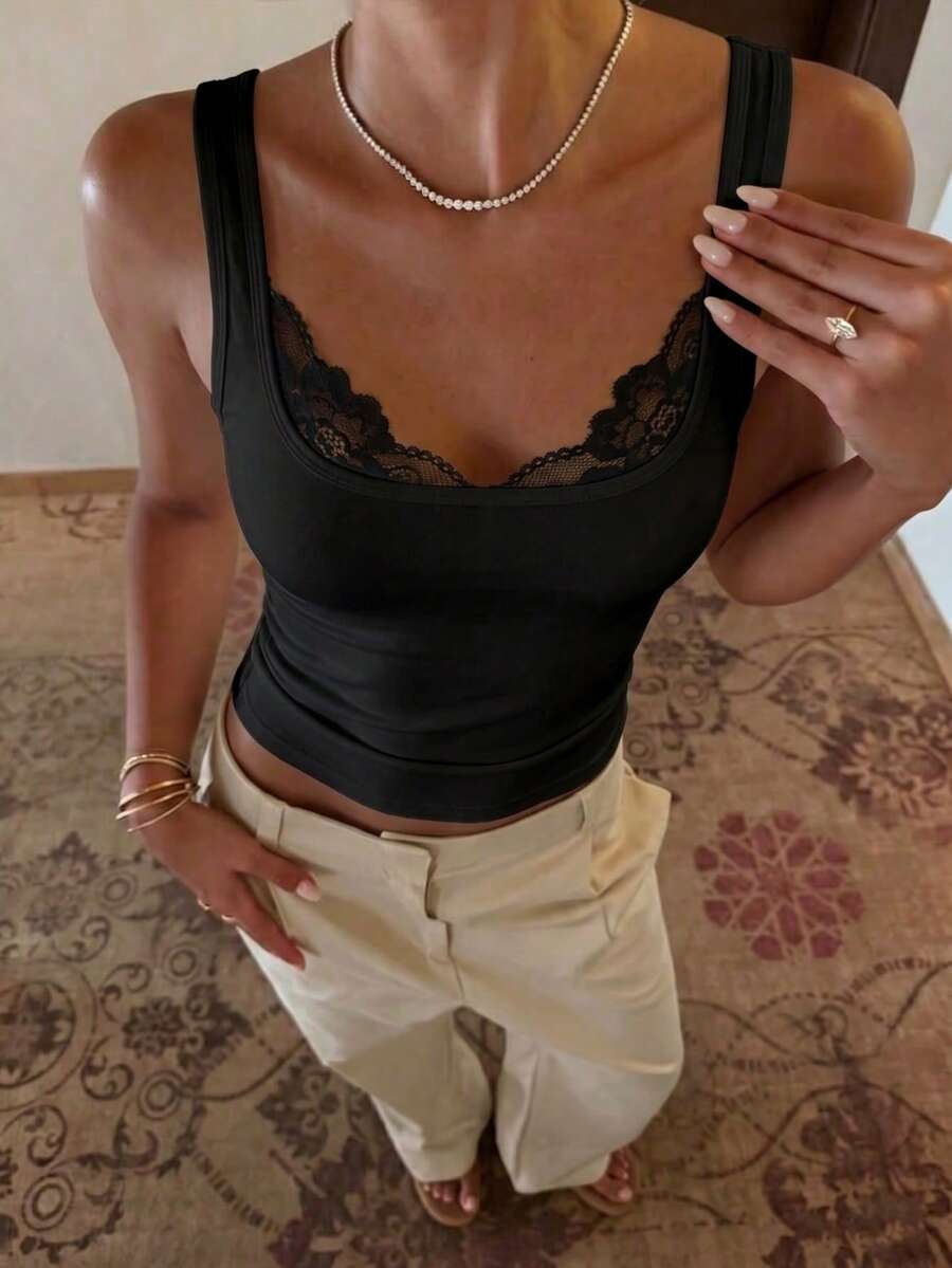 Women's Lace Square Neck Sexy Black Fitted Versatile Camisole Tank Top, Summer Commute Street Party Date Casual - Black - View 1