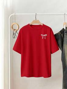 Camiseta de manga corta con estampado de lazo, versátil para uso diario y desplazamientos, de  para mujer, verano. - Rojo - Ver 3