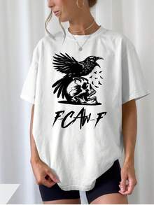 Women's T-Shirt 100% Cotton - Kaw-F Gothic T-Shirt With Raven And Skull Print - Casual Round Neck, Short Sleeve, Black And White, Gothic Style For Casual Outfits, All Season Comfort, Machine Washable - Essential Garment For Urban Fashion And Combinations With Bold Winged Raven And Skull Design, Loose Fit For Daily Travel, Leisure Outings And Holiday Wear, Soft Fabric For Year-Round Style. - 黑色 - 查看 7
