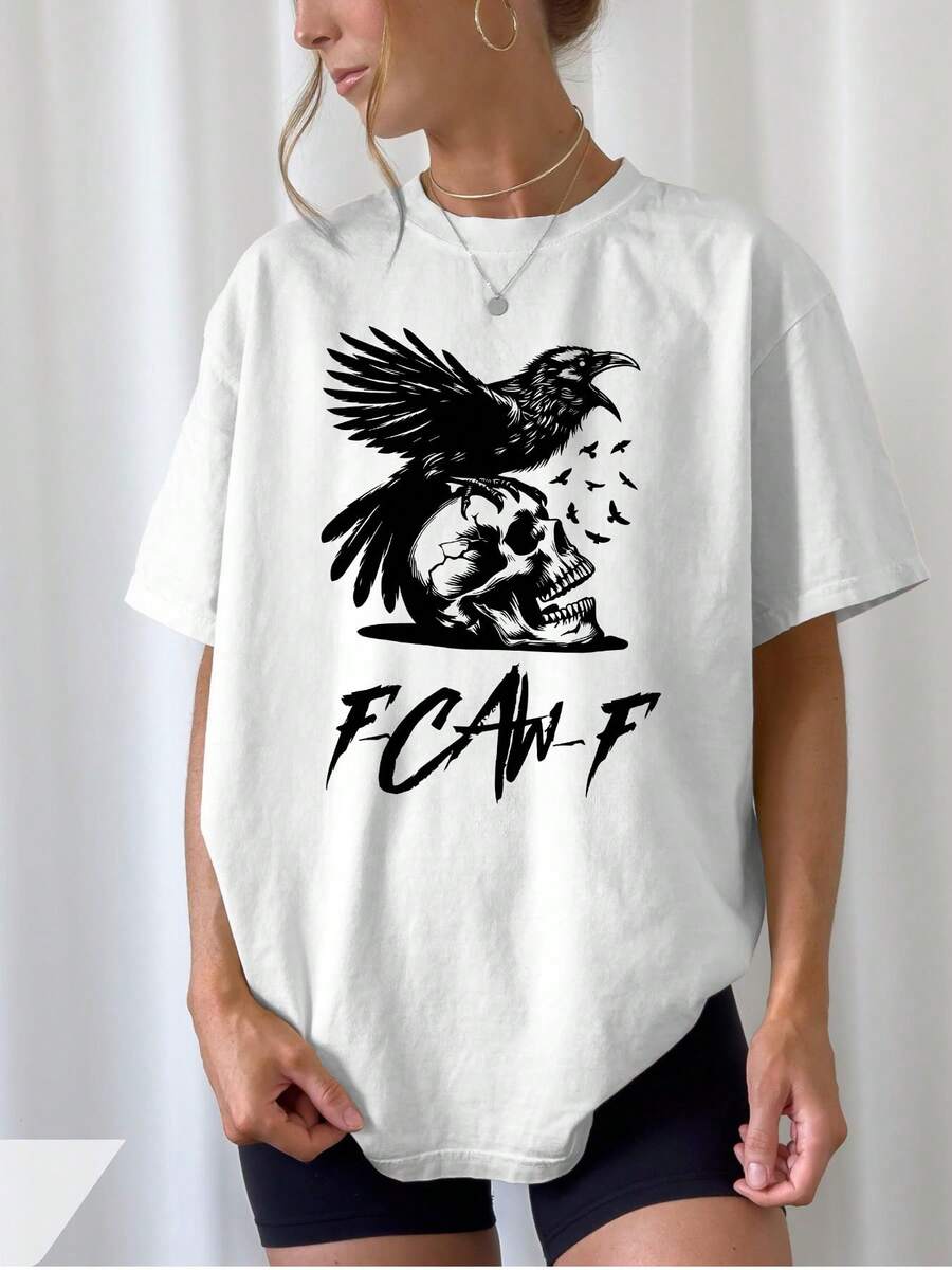 Women's T-Shirt 100% Cotton - Kaw-F Gothic T-Shirt With Raven And Skull Print - Casual Round Neck, Short Sleeve, Black And White, Gothic Style For Casual Outfits, All Season Comfort, Machine Washable - Essential Garment For Urban Fashion And Combinations With Bold Winged Raven And Skull Design, Loose Fit For Daily Travel, Leisure Outings And Holiday Wear, Soft Fabric For Year-Round Style. - 白色 - 查看 1