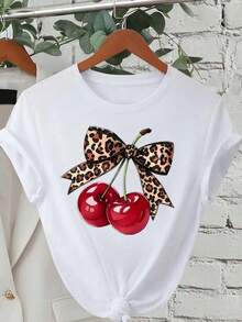 Women's Short-Sleeved T-Shirts, 100% Cotton, Round Neck,  Cherry Print T-Shirt, Short-Sleeved Round Neck T-Shirt, Casual Tops For Summer And Spring, Women's Clothing, T-Shirts. - 白色 - 查看 4