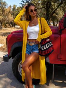 Nuevo llegado de primavera y verano Cárdigan de punto acanalado amarillo largo para mujer, Abrigo de punto de cuello en V y frente abierto, Uso casual y de oficina, Otoño, Parte superior para salir - Amarillo - Ver 5