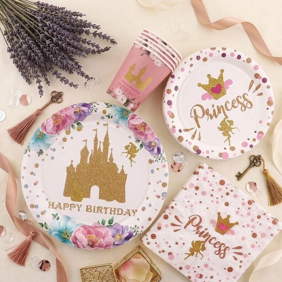 公主城堡主题生日派对用品,可供20位客人使用,一次性餐具套装,包含盘子、杯子和餐巾纸,粉色花卉派对装饰。 - 彩色 - 查看 1