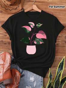 [Philodendron Print T-Shirt] Pink Princess Philodendron Plant Print T-Shirt - Women's Casual Short Sleeve Crew Neck T-Shirt For Summer And Spring - Gifts For Plant Collectors - 黑色 - 查看 8