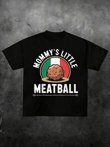Mommy's Little Meatball, Casual Print, Comfortable And Versatile, 220g Pure Cotton Printed T-Shirt With Letter Pattern - 黑色 4 - 查看 1