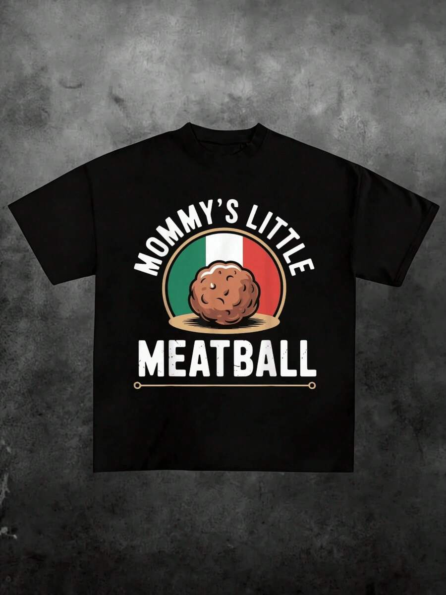 Mommy's Little Meatball, Casual Print, Comfortable And Versatile, 220g Pure Cotton Printed T-Shirt With Letter Pattern - 黑色 4 - 查看 1