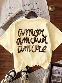 Women's "More Love" Leopard Print Round Neck Short Sleeve T-Shirt, Casual, Black, For Summer, Autumn/Back To School. - 淺黃色 - 查看 2