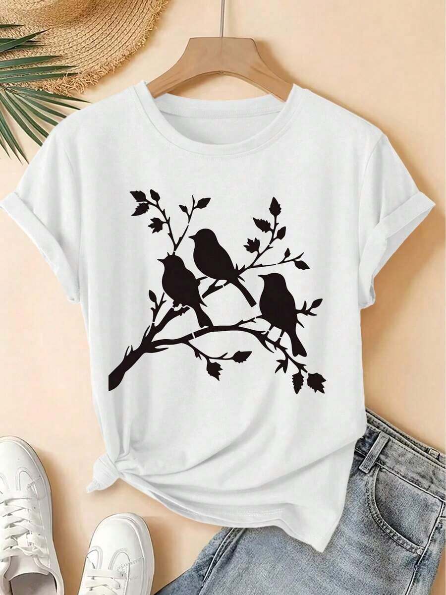 Spring Summer 2026, New Women's Short Sleeve Crew Neck T-Shirt With Branch And Bird Print, Vintage Distressed Style, Casual Top, Soft And High Quality Women's Clothing, Fun And Original Design, Suitable For Daily Wear In Spring, Summer And Autumn - High Quality - 白色 - 查看 1