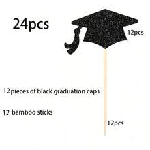 12pcs/24pcs 2026 Graduate Black Glitter Graduation Cap Cupcake Toppers & Wrappers Set, Suitable For Decorating Cakes And Cupcakes At Graduation Ceremony - Black Graduation Cap - View 7