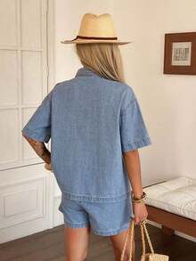 Conjunto de camisa casual lavada con bolsillo y shorts vaqueros para mujer, de verano - Azul - Ver 2