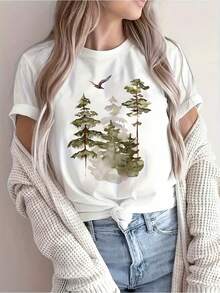 Pure Cotton T-Shirt, Casual And Simple, With An Abstract Print Of An Eagle Flying In The Forest, Short Sleeve T-Shirt With Round Neck And Breathable Print, Casual Sports T-Shirt, New Short Sleeve T-Shirt For Women Summer, Plain White T-Shirt. - 白色 - 查看 1