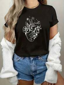 New  Women's Round Neck T-Shirt With A Floral Heart Design. Perfect For Nurses, Doctors, Healthcare Professionals, Or Anyone Who Loves The Brand. A Versatile Design Ideal For Summer. - 黑色 - 查看 5