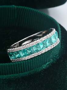 Nhẫn đôi hình tròn và vuông thời trang, giả đá Paraiba màu xanh lam, quà tặng trang sức cho ngày Valentine. - Trắng và xanh - Xem 5