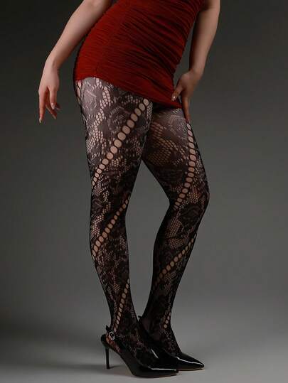1pc Plus Size Elastic Skinny Pants, Romantic Vintage Hollow Rose Jacquard Fishnet Stockings, Sexy Goth Style Sheer Tights, Black Pantyhose, Y2K Fashion Versatile, Suitable For Outings, Vacations, Dates, Social Events, Halloween
