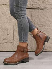 Low Heel Chelsea Ankle Boots For Women Side Zip Short Booties - Rust Brown - View 3