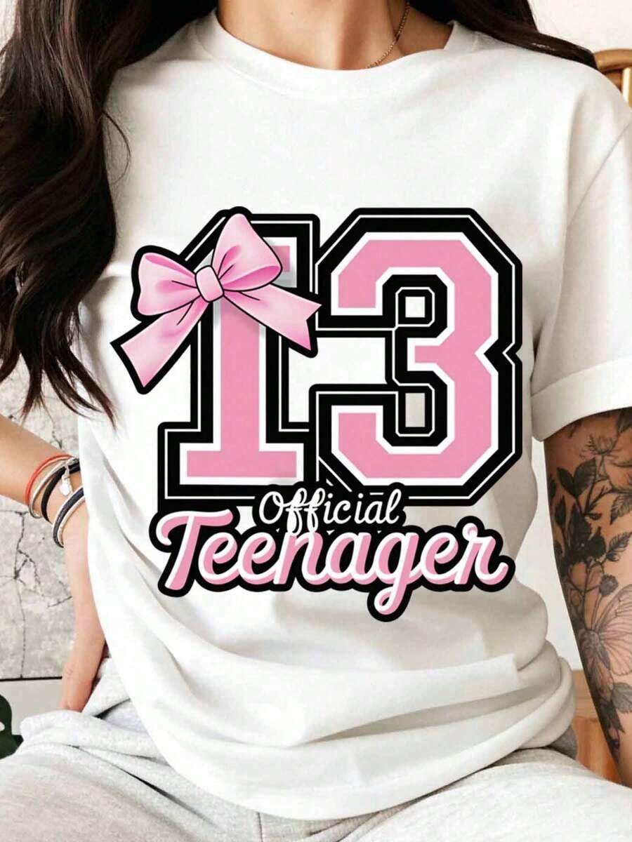 Official T-Shirt For A Teenager's 13th Birthday, Pink Bow Design, Black T-Shirt, Celebration Gift For A Thirteen-Year-Old's Birthday Party, 100% Pure Cotton, Women's T-Shirt. - 白色 - 查看 1