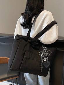 Simple Solid Color New Popular Quilted Tote Bag In Spring And Summer, Lightweight, Practical And Large Capacity With Body Patch Pockets, Shoulder Bag, Zipper Switch, Double Shoulder Straps, High-Value Armpit Bag, Suitable For Commuting To Work, School, Class, Shopping And Storage - Black - View 5