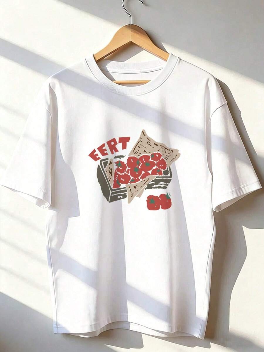Strawberry Print T-Shirt With "EERT" Text, Short-Sleeve T-Shirt For Spring/Summer 2026, Made In Mexico, 180 Grams. Cartoon Print, Couple Design, Suitable For Indoor Or Outdoor Wear. Crew Neck, Unisex, Ideal For Office And Leisure. One-Pack. - WH-P631577SLNDXZGY636 - 查看 1
