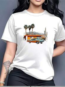 Camiseta de Cuello Redondo 180G con Estampado de Coches Clásicos y Palmeras - Perfecta para vacaciones en familia e intercambios de regalos, ideal para la oficina y días de team building. Blusas Para Mujer Casual - Blanco - Ver 7