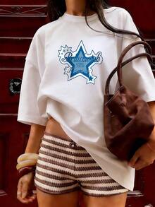 Blue Star T-Shirt With Printed Text, Fashionable Short-Sleeved T-Shirt For Spring And Summer 2026, Made In Mexico, 180 Grams. Cartoon Print, Couple Design, Suitable For Indoor Or Outdoor Wear. Crew Neck, Unisex, Ideal For Office And Leisure. One-Pack. - WH-P631577SLNDXZGY643 - 查看 3