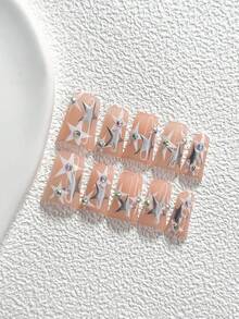 10片裝酷感手作穿戴甲，Polygel美甲套組，飾有彩色水鑽、銀色星星與銀色指甲油，甜酷風格，附美甲工具，3種尺寸可選，杏仁形、鴨嘴形、棺材形，適合派對、舞蹈、日常配戴 - 彩色 - 查看 19
