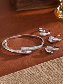 rakol Bộ 3 món trang sức tối giản hình móng tay đính đá Cubic Zirconia, gồm vòng tay, nhẫn và bông tai. - bộ ba mảnh - Xem 15