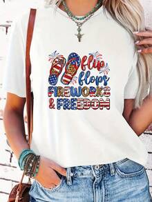 Camiseta estampada para mujer con texto colorido - Camiseta casual de manga corta y cuello redondo, corte relajado para todas las estaciones, perfecta para uso diario y conjuntos de vacaciones (lavable aáquina). Combínalo con jeans azules para un look fresco y moderno. - Blanco - Ver 7