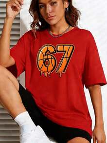 Women's Dripping Basketball Graphic Print T-Shirt Number 67, Sports Fan T-Shirt, Soft Pure Cotton, Casual Style For Game Day Or Everyday Wear, Unique Gift For Women. - 紅色 - 查看 6