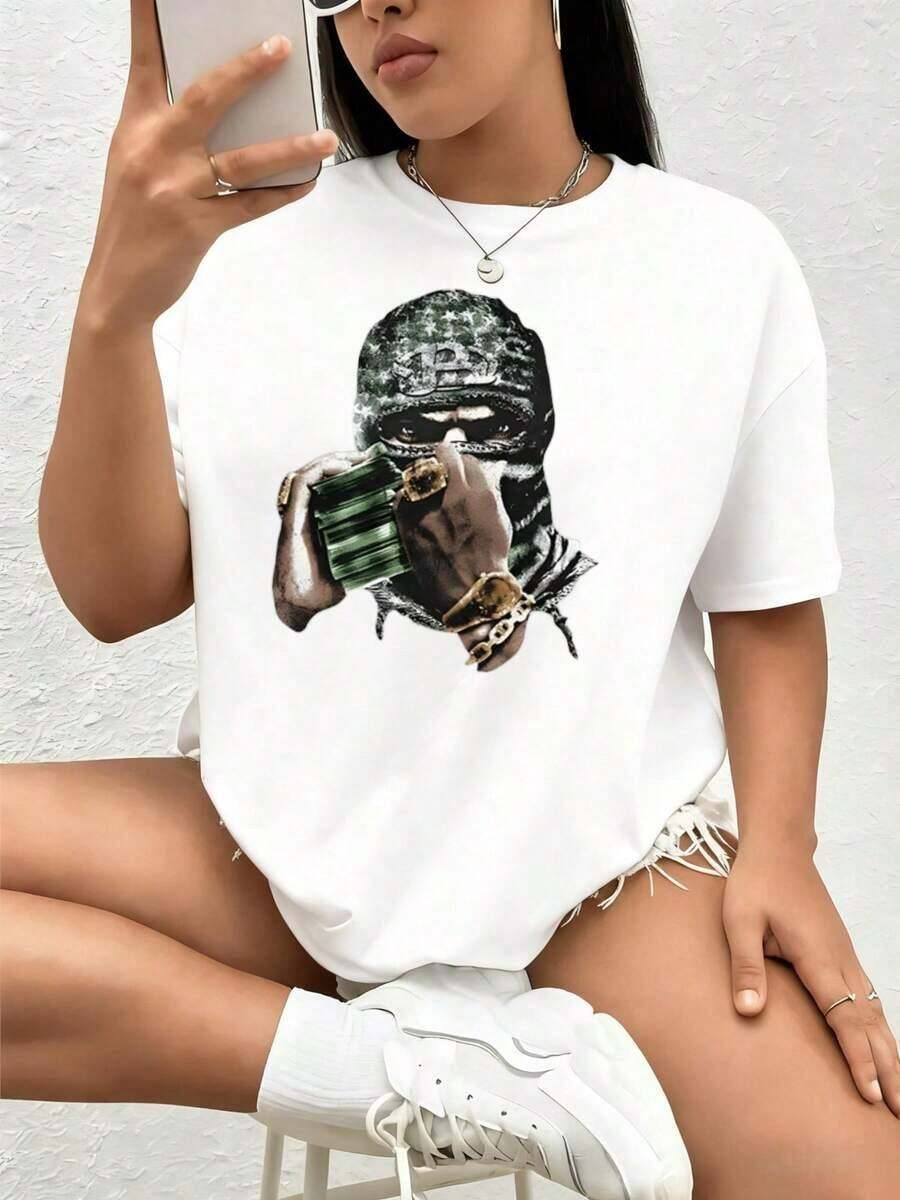 2026 Camisas de Mujer con Estampado de Mano Sosteniendo un Bulto de Billetes, Blusas Transpirables para Mujer Casual - Blanco - Ver 1