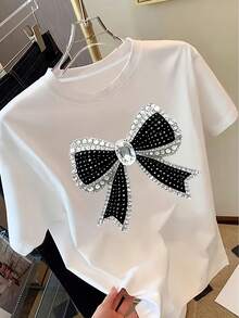 1 pieza de camiseta de manga corta para mujer, diseño con estampado de lazo de lentejuelas en negro brillante y plateado, camiseta de manga corta con cuello redondo para mujer, top casual de moda, 180g 100% algodón. - Negro - Ver 7