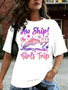 1 Piece Of Women's Casual Clothing. Immediate Shipping! It's A Short-Sleeved Graphic T-Shirt For Travel And Vacations, Comfortable For Casual And Elegant Outfits, Lightweight And Breathable, Machine Washable, Regular Fit, Crew Neck, 180g 100% Cotton. - 白色 - 查看 1