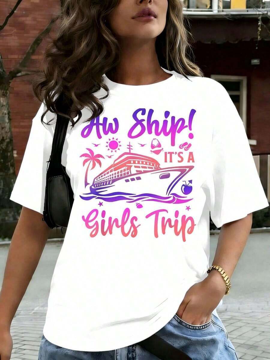 1 Piece Of Women's Casual Clothing. Immediate Shipping! It's A Short-Sleeved Graphic T-Shirt For Travel And Vacations, Comfortable For Casual And Elegant Outfits, Lightweight And Breathable, Machine Washable, Regular Fit, Crew Neck, 180g 100% Cotton. - 白色 - 查看 1