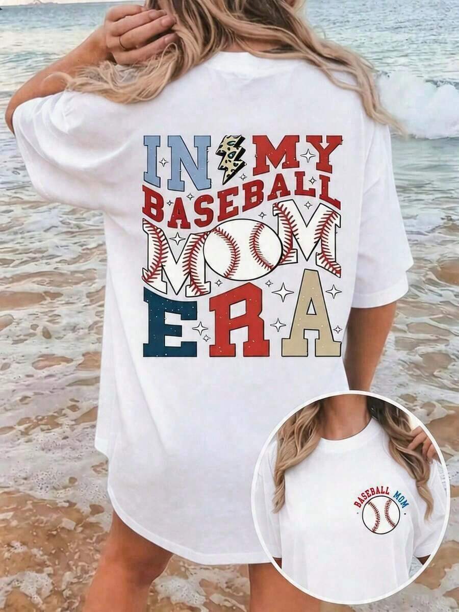 Camiseta de Mujer con Estampado de "Mi Era de Mamá Béisbolera" - Diseño con Letras Deportivas, Bate de Béisbol y Pelota, Camiseta de Manga Corta con Cuello Redondo Suave, Cómoda y Ajustada para Todas las Temporadas, Ropa Deportiva Casual Lavable a Máquina, Adecuada para Mamás Béisbolistas, Entrenadores y Aficionados - Ropa Casual Deportiva, Ideal para el Verano, Vacaciones para Mujeres, Primavera, Tops de Verano, Día de San Patricio, Pascua para Mujeres, Transpirable y Cómoda.