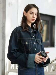Chaqueta casual de mujer de unicolor de denim con solapa y manga larga - Azul marino - Ver 9