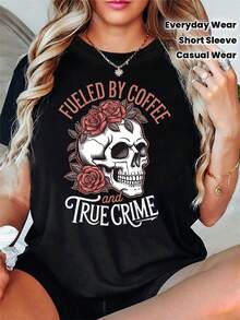 Camiseta casual de manga corta y cuello redondo para mujer con un estampado único de calavera y rosa, inspirada en café y true crime, perfecta para el uso diario y como regalo de vacaciones - Negro - Ver 1