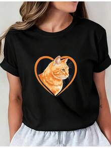 Women's Printed T-Shirt - Casual Short Sleeve Crew Neck T-Shirt In Black With Orange Tabby Cat Heart Graphic. Relaxed Fit For All Seasons, Perfect For Everyday Wear And Holiday Outfits (Machine Washable). - 黑色 - 查看 1